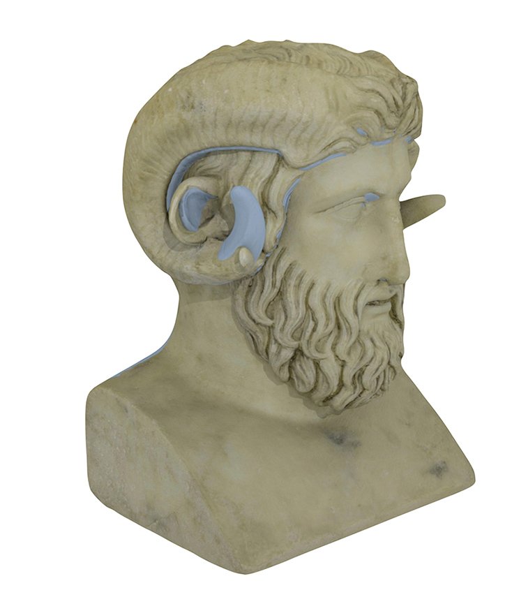 Superposición volumétrica virtual de original de mármol y copia en yeso del Júpiter Amón de las Villa de los Papiros